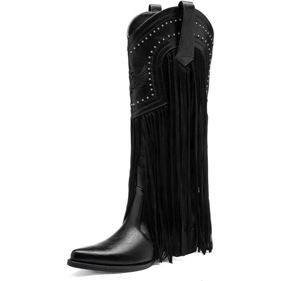 Shoes - Women's Fashion Pointed Toe Chunky Pull On Knee High Heel Embroidered Black Boot